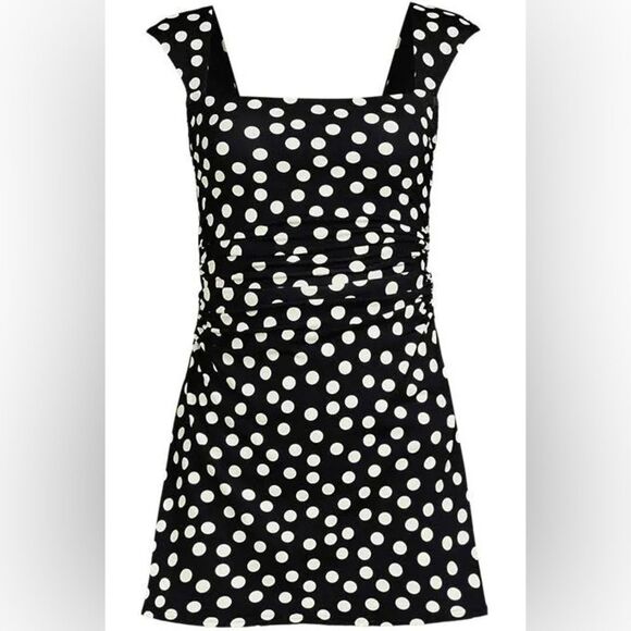 Land's End Smoothing Square Neck Ruched 1 piece  Black Egret White Tossed Dot 10 - Picture 1 of 5